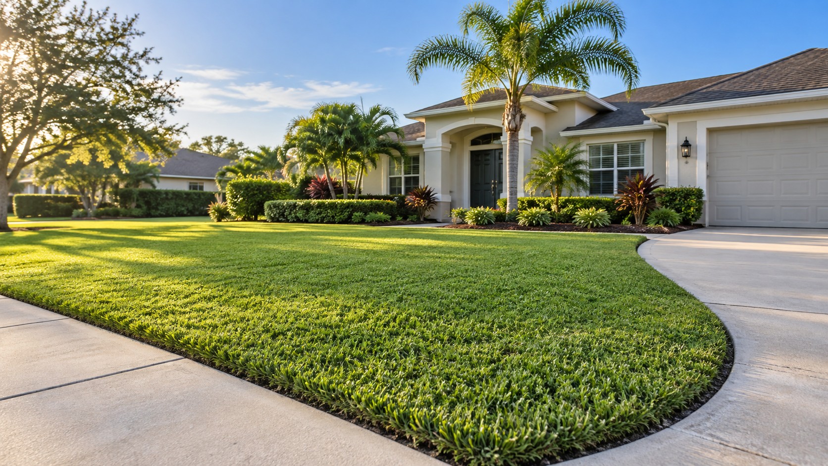 A freshly mowed Florida lawn with crisp, clean edging along a concrete walkway